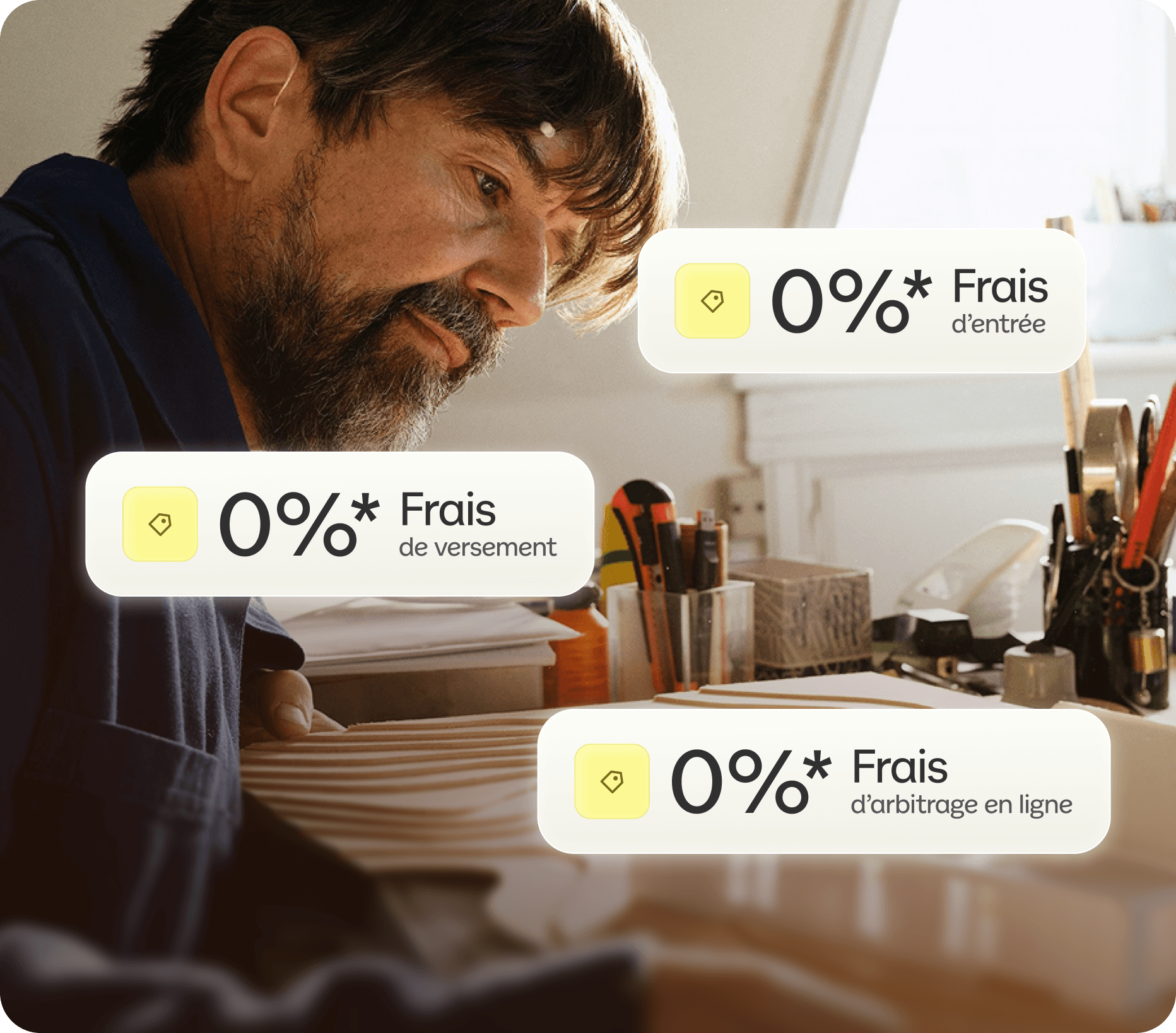 0% de frais d'entrée, de frais de versement et d'arbitrage en ligne. Hors SCPI, SCI, ETF et actions. D'autres frais peuvent s'appliquer..