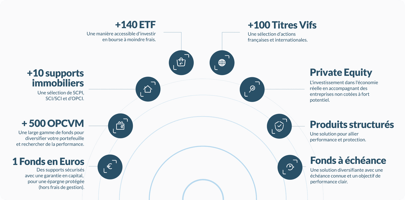 Infographie présentant les catégories de supports d'investissement pour le contrat Linxea Capitalisation